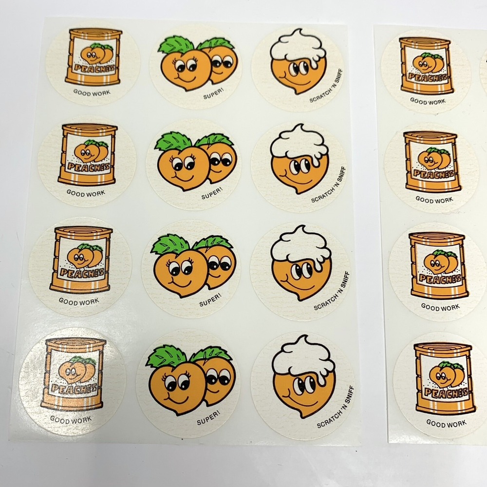 Vintage 1980s CTP Scratch N Sniff Sniffys Peach Stickers 2 Full Sheets/24 pc - Picture 4 of 5